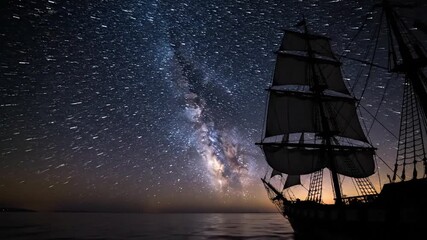 Nighttime journey under a majestic starry sky with a silhouetted sailing ship gliding across calm waters - Powered by Adobe