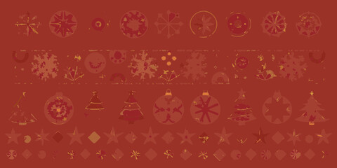 Festive christmas and new year background with snowflakes baubles and trees in red and gold