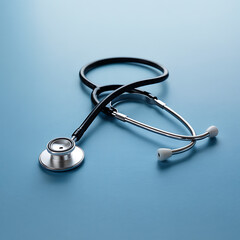 Close up of a stethoscope on a blue surface, a tool used by doctors to listen to patients hearts and lungs medical technology