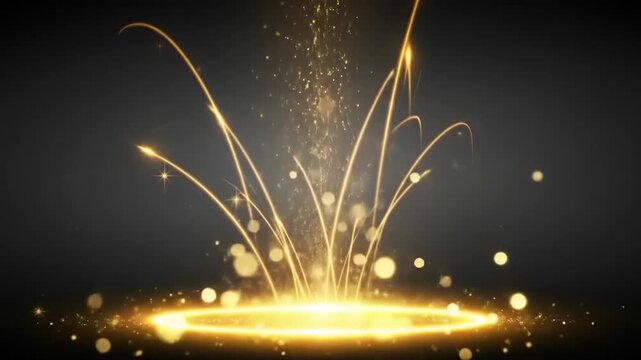 A spectacular digital display of shimmering golden particles erupting in a fountain of light from a radiant circle against a dark backdrop