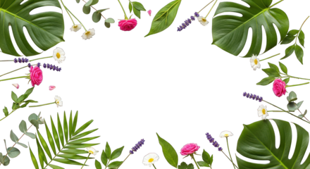 Floral Frame with Monstera Leaves Roses Lavender Eucalyptus and Daisies.