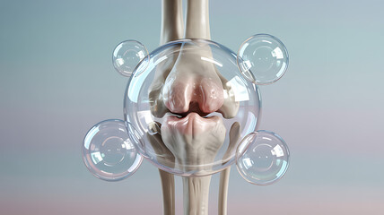 Conceptual image of a knee joint with fluid bubbles, representing swelling or inflammation, on a gradient background medical technology