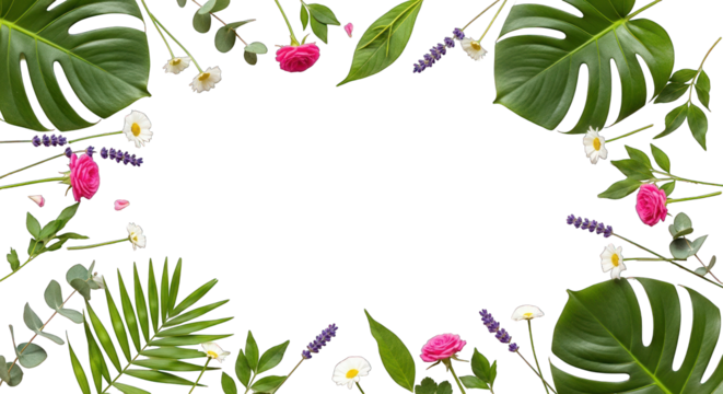 Floral Frame with Monstera Leaves Roses Lavender Eucalyptus and Daisies. - Powered by Adobe