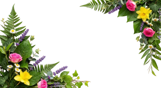 Floral Frame with Roses Daffodils Lavender and Ferns. - Powered by Adobe