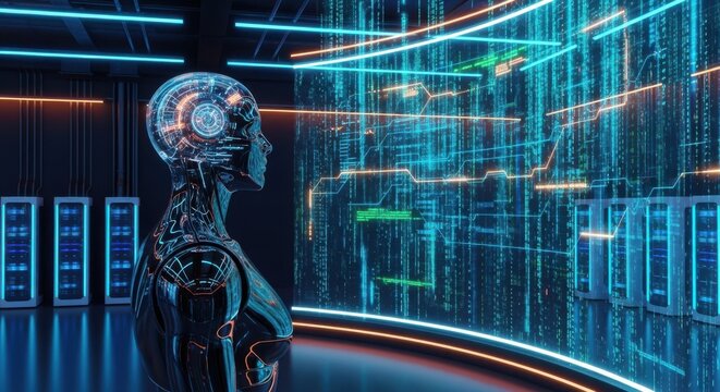 Advanced Artificial Intelligence Cybernetic Futuristic Data Center Exploration