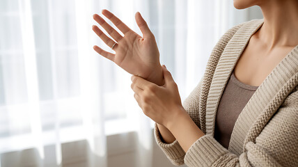 Woman holding her wrist suffering from pain, numbness, tingling, or carpal tunnel syndrome medical technology