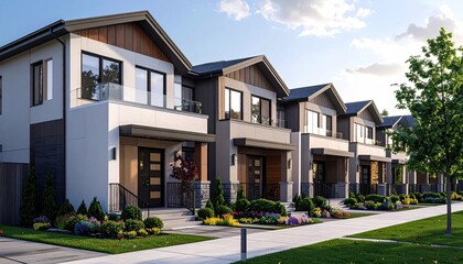 Modern townhouses along a residential street.  Sunlight on contemporary homes