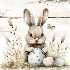 Easter composition with a rabbit and eggs in a rustic style.