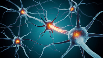 Closeup of neurons transmitting signals in the brain or nervous system on a dark background medical technology