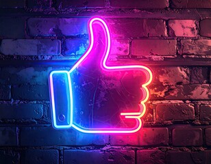 Neon thumbs-up sign on brick wall