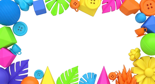 Colorful 3D Geometric Shapes and Buttons Frame with Tropical Leaves. - Powered by Adobe