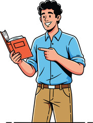 Smiling man holding book, pointing finger, reading aloud, education, knowledge, learning, communication, confident, casual clothing, study, teaching, happiness, male reader