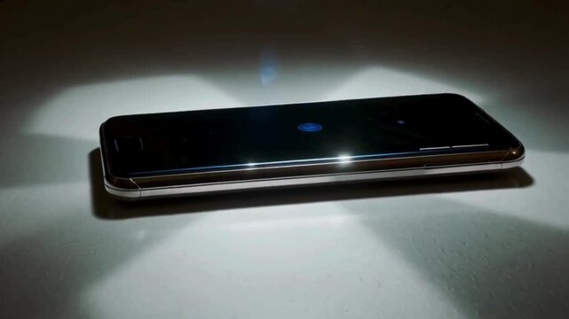 Sleek modern smartphone with illuminated fingerprint sensor and metallic bezel resting on a textured