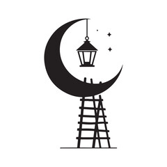 adder leaning on moon with lantern vector sketch art design illustration