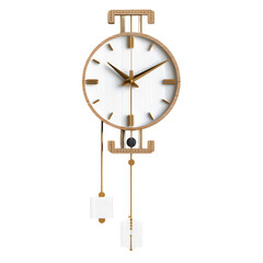 Elegant antique brass pendulum wall clock with white face and roman numerals displaying precise time isolated on transparent background
