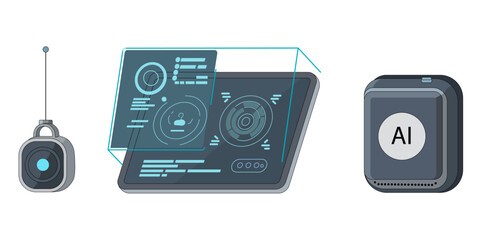 Futuristic artificial intelligence technology illustration with holographic interface and modern AI device