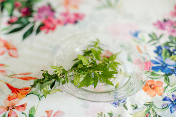 Green wedding blessing twig on white plate traditional symbol of faith and family ritual detail in catholic christian ceremony preparation before marriage