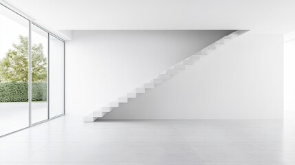 Fototapeta premium Modern minimalist interior with staircase and windows
