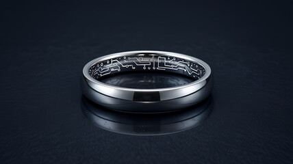 Close up of a silver ring with a circuit board pattern inside on a dark background medical technology