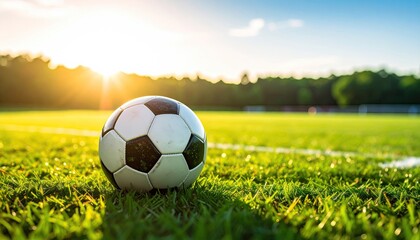 Soccer ball on grassy field at sunset