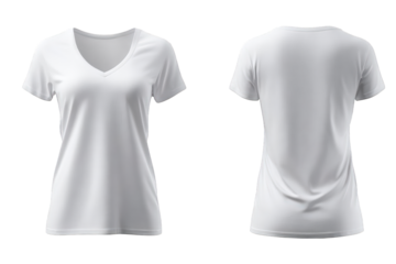 Womens white V-neck short sleeve athletic t-shirt mockup showing front and back views on an invisible mannequin.