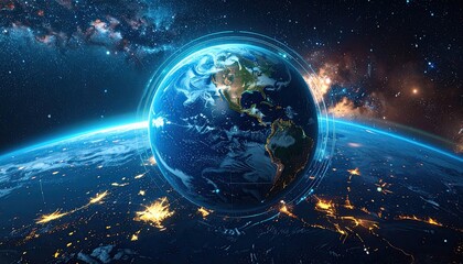 Earth from space, glowing rings, city lights