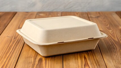 A closed beige container on a wooden surface top
