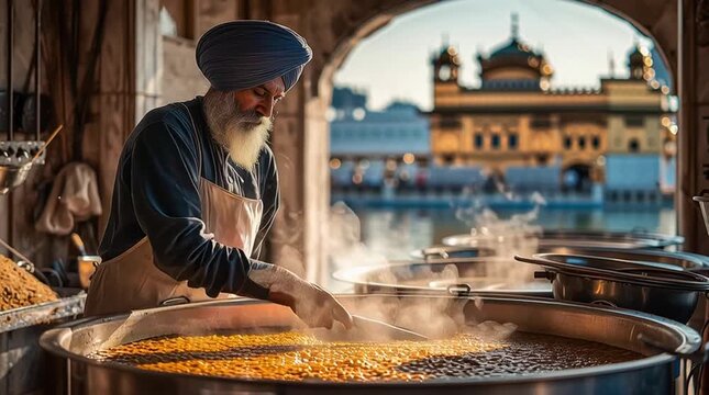 Sikh Chef Stirring Langar at Golden Temple Kitchen