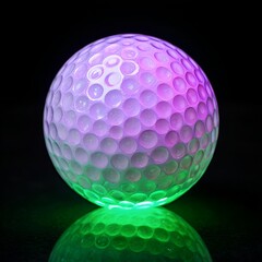 A glowing golf ball with a textured surface, illuminated in purple and green light against a dark background.