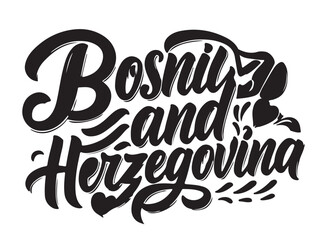 Bosnia and Herzegovina with heart mini and calligraphy style by wave style bold elements in silhouette white background.