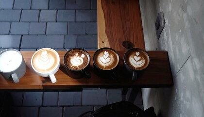 Top View Fresh Brewed Coffee Latte Art On The Wooden Table