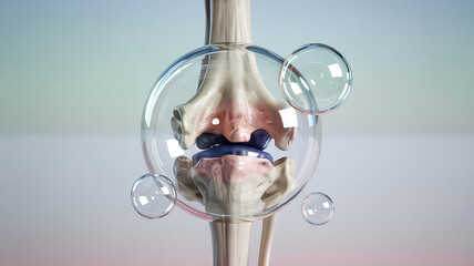 Knee replacement surgery concept, knee joint implant with bubbles, 3d render of knee prosthesis medical technology