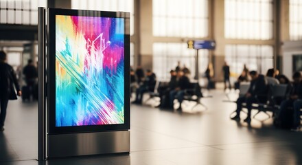 Obraz premium Digital billboard in train station with people waiting for train