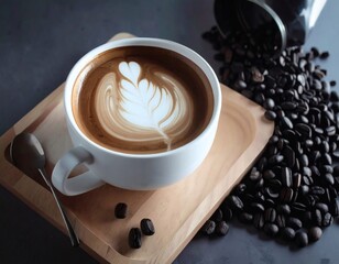 Elegant Latte Art in White Cup with Coffee Beans Still Life