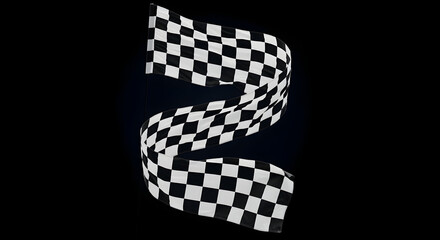 A black and white checkered flag waving in the wind against a dark background.