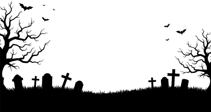 Horizontal banner with black silhouette of cemetery and trees on a white background. Nightmare landscape. Halloween vector illustration for sticker, banner, invitation, poster