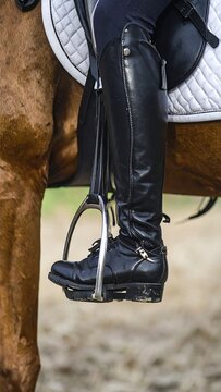 Close-up of a rider's black riding boots and stirrups on a brown horse