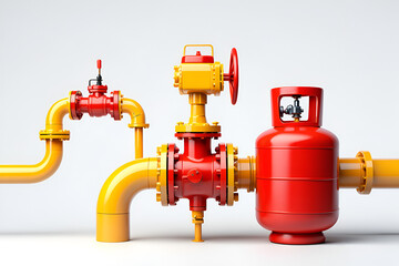 Gas cylinder, yellow pipes and valve isolated on white background. 3D rendering