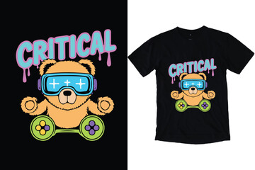 Cute Gamer Bear Critical Gaming Illustration T-shirt Vector design.