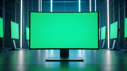 Multiple bright green screen monitors arranged in a futuristic dark room with blue and white lighting creating a digital or technological atmosphere for content creation