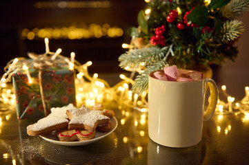 Warm Hot Chocolate with Cookies and Festive Background Decor