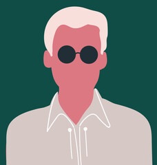 Abstract male portrait with sunglasses. Faceless young character, hand darwn flat vector illustration.