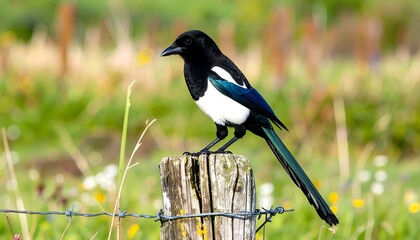 Black and white bird, magpie, perched on weathered wooden post, bright colors, blurry background of greenery and wildflowers