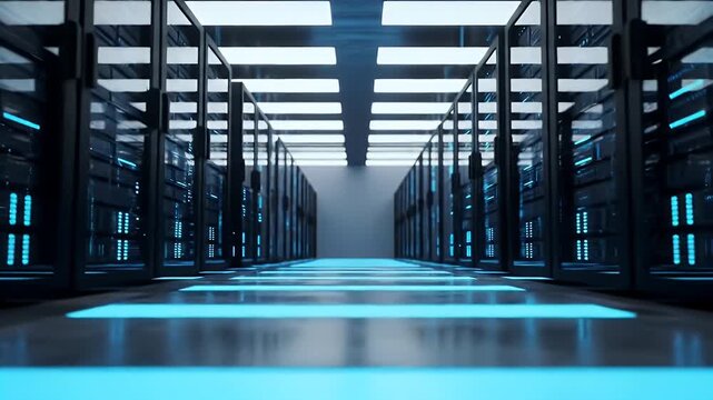 Rows of Data Servers in Dark Room with Bright Blue Lights for Technology