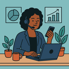 A woman is sitting at a desk with a laptop and a cell phone. She is wearing headphones and smiling. Concept of productivity and focus. Vector.