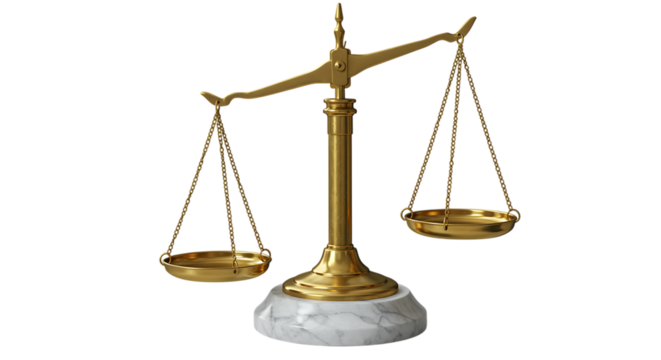golden justice scales balanced on marble base on transparent background