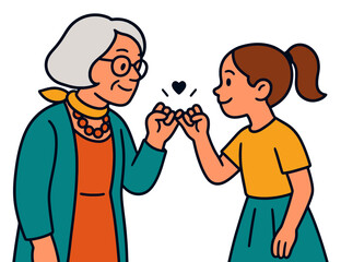 A woman and a girl are shaking hands. The girl is wearing a yellow shirt. The woman is wearing glasses and a blue jacket. Vector.