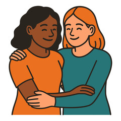 Two women hug each other. One is wearing an orange shirt. Vector.
