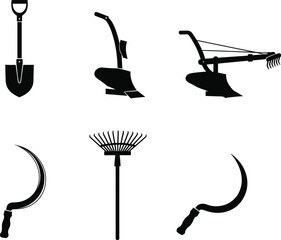 Vector Silhouettes Set of Farming Tools Including Shovel, Sickle, Rake, Cultivator, and Agricultural Equipment Icons for Rural and Farm Use Design