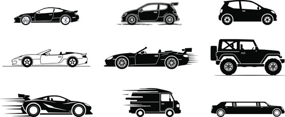 Set of various stylish car silhouettes and fast vehicle icons including sports cars, SUVs, vans, and luxury limousines in black and white vector © Ashik Creatives